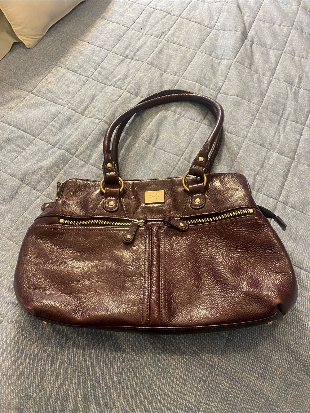 Baci Leather  Satchel Tote Bag - Deep Burgundy